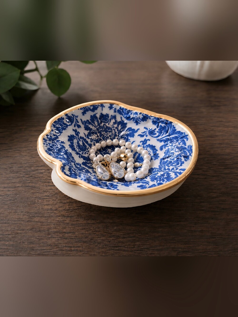 Blue & White Floral Oyster Trinket Dish Set with Gold Rim- Set Of 2 - Picture 2 of 2